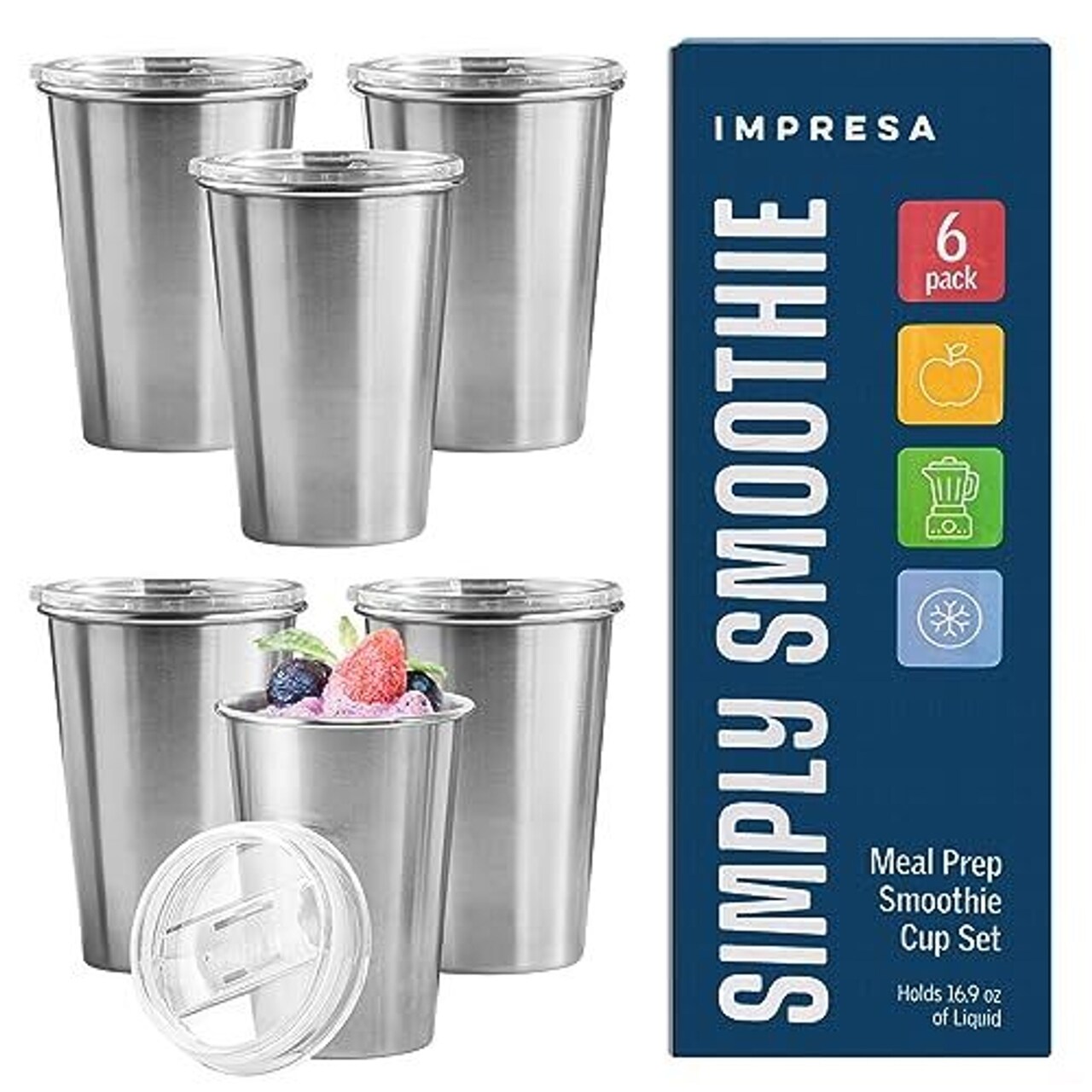 Juvale Stainless Steel Meal Prep Cups, Freezable Juice & Smoothie Jars with Lids, Convenient Smoothie Containers to Go, Stainless Meal Prep Bottle, Juice Containers with Lids, 16.9oz, 6-Pack